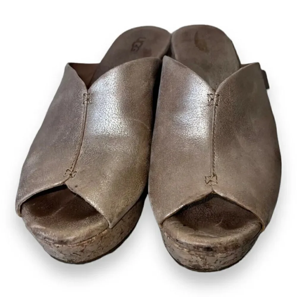 UGG Australia Dominique Peep Toe‎ Gold Cork Wedge 1005109 Women's 7